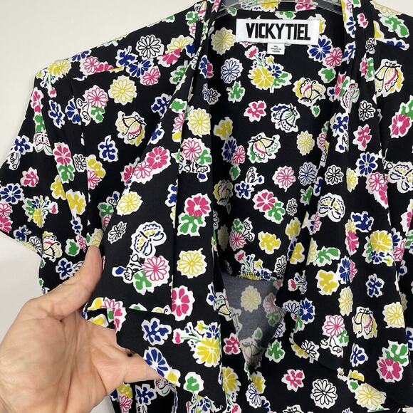 Vicky Tiel Midi Wrap Dress Size XL Black Colorful Floral Stretch Casual Career - Picture 8 of 10
